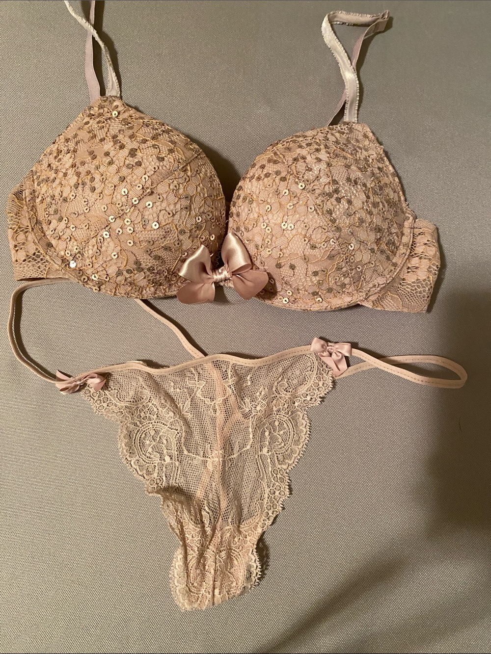 aerie Sequin Lace Push-Up Bra and Lace Thong - Nude Blush - size 34B and Medium